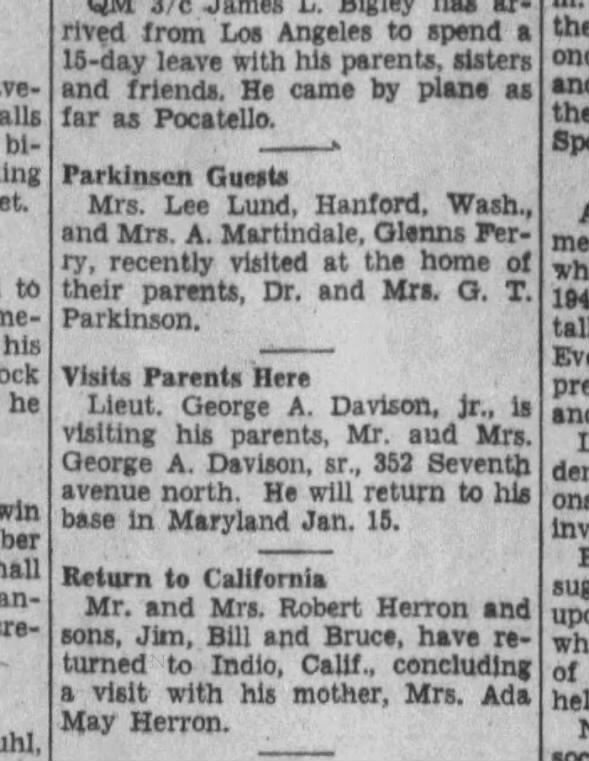 George A. Davison, Jr. Twin Falls Times News Sunday, Jan 7, 1945